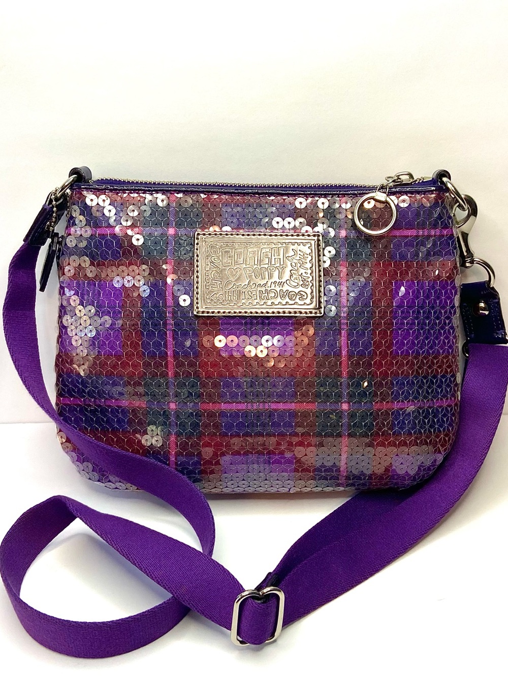 COACH POPPY Y2K EUC small  Purple Sequin Crossbody Plaid Accent bag